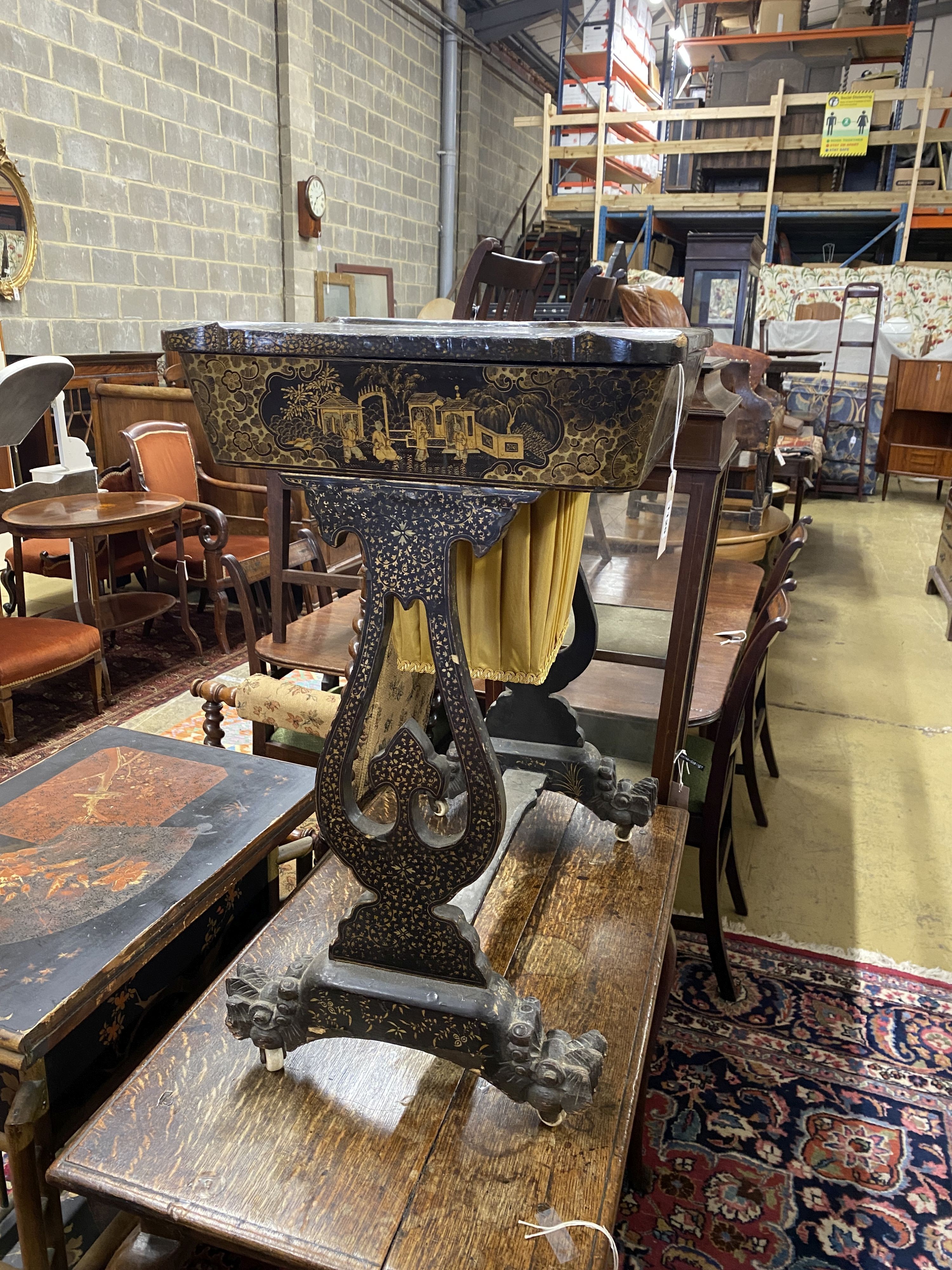 A 19th century export Chinese lacquer work table, width 64cm, depth 42cm, height 73cm